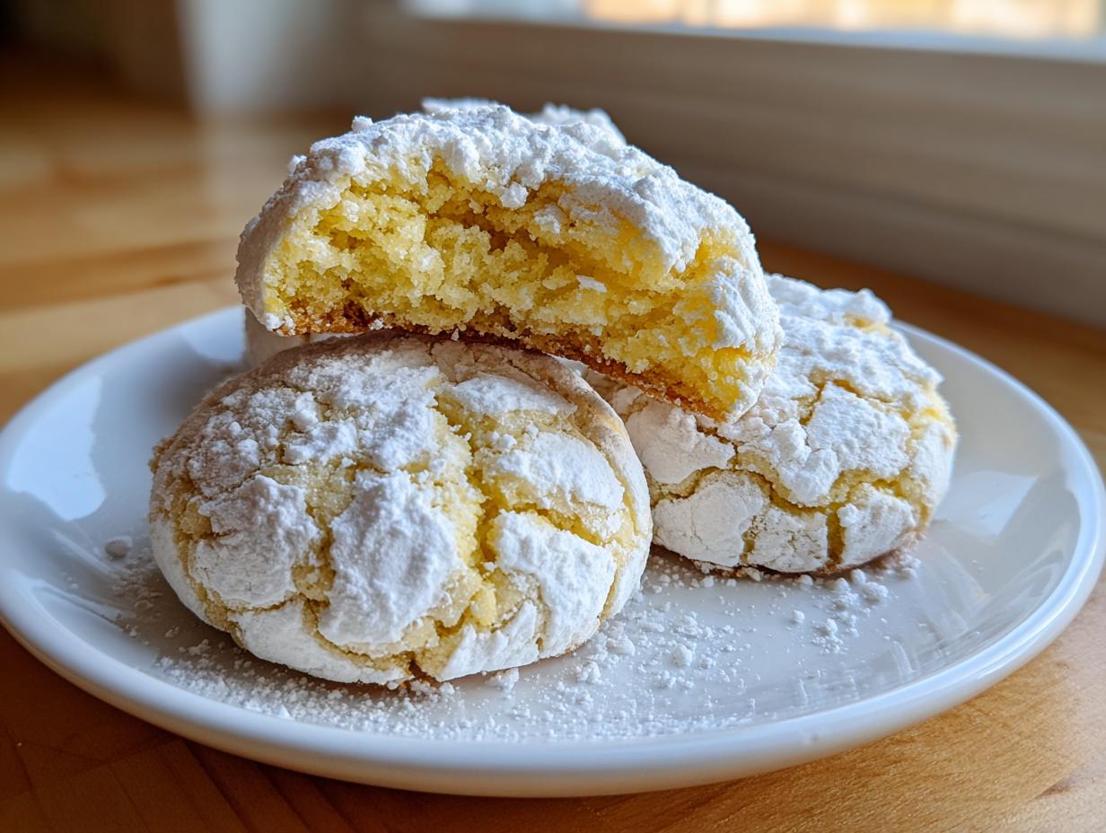 Close-up of three soft lemon crinkle cookies dusted heavily with powdered sugar, one cookie broken open.