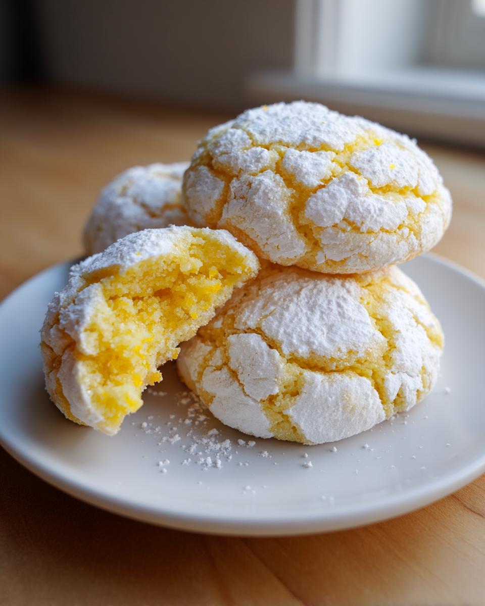 Close-up of three bright yellow lemon crinkle cookies coated in powdered sugar on a white plate.