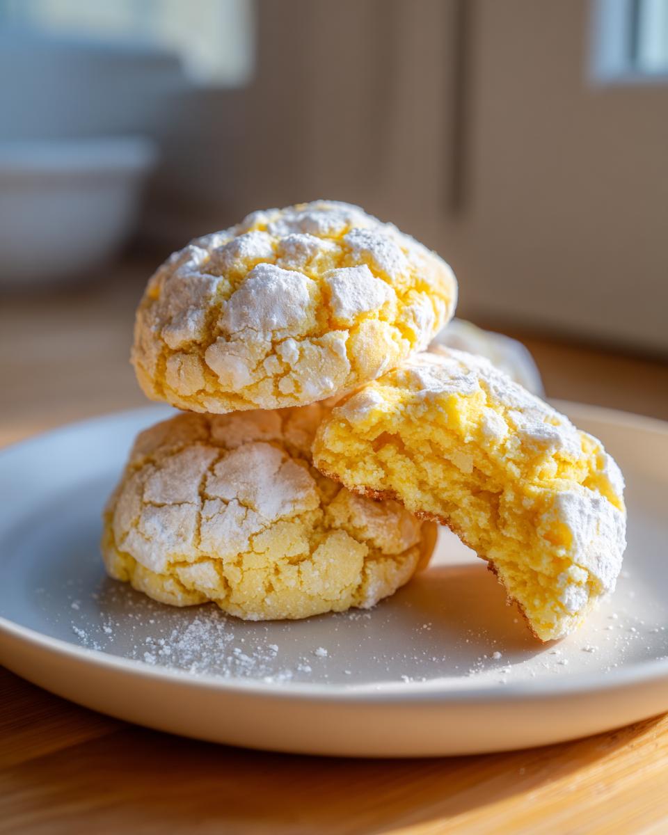 A stack of bright yellow lemon crinkle cookies heavily dusted with powdered sugar on a light plate.