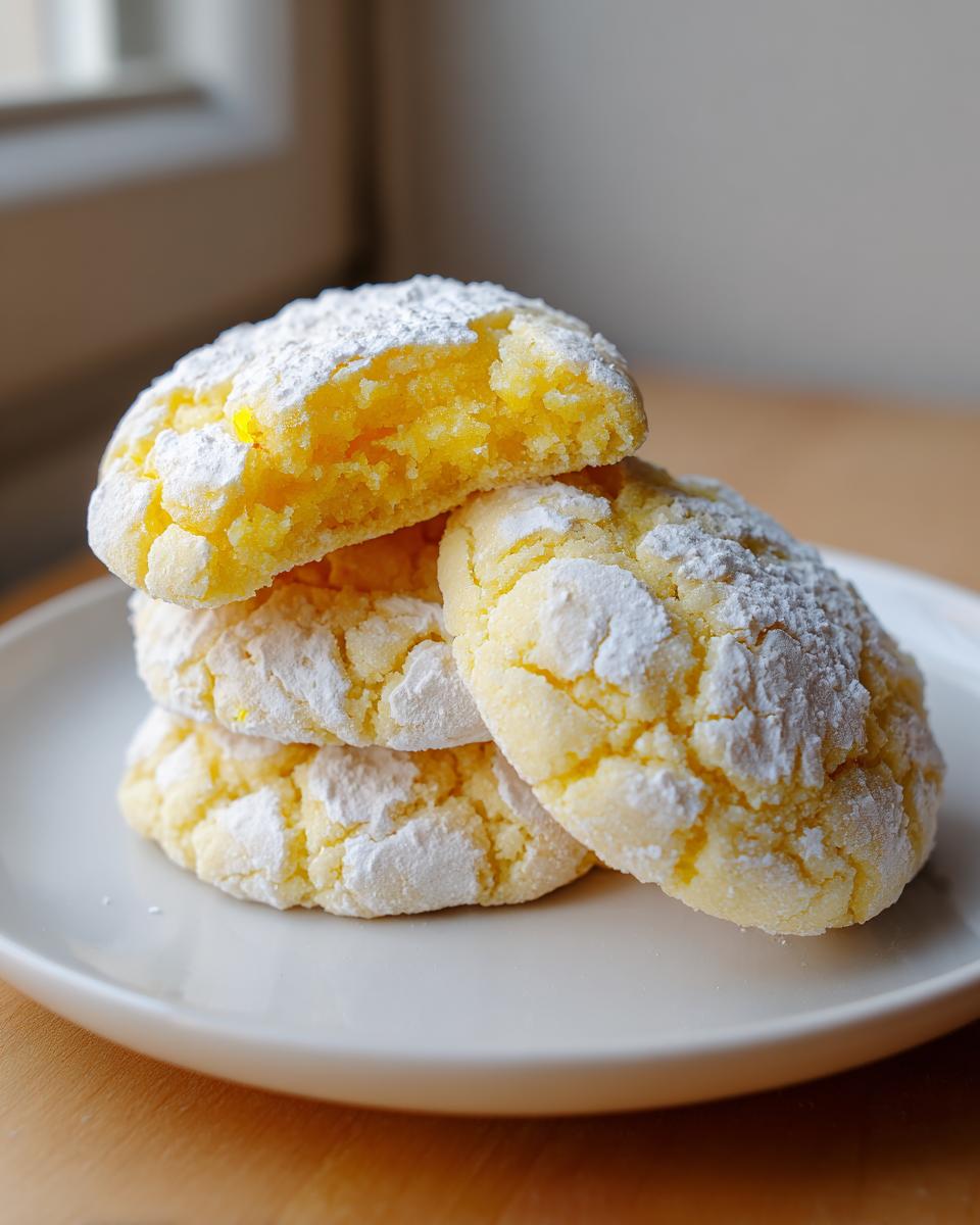 A stack of four bright yellow lemon crinkle cookies dusted heavily with powdered sugar on a white plate.