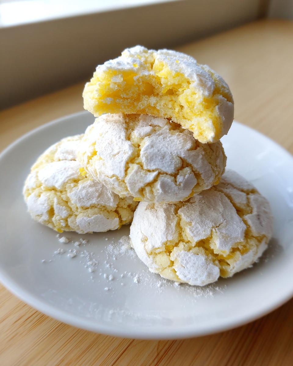 A stack of three bright yellow lemon crinkle cookies heavily dusted with powdered sugar, one broken open to show the soft interior.