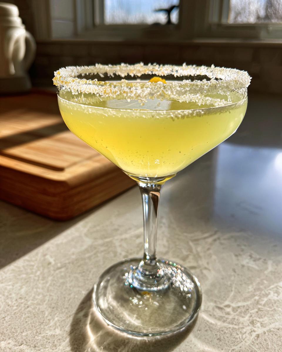A bright yellow lemon drop martini served in a coupe glass with a thick sugar rim, catching sunlight on a kitchen counter.
