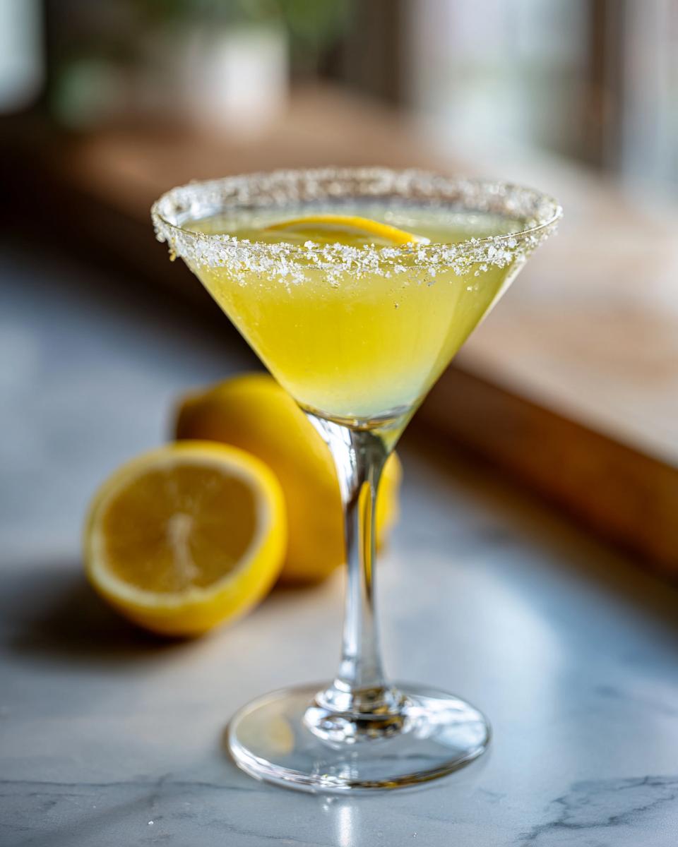 A bright yellow lemon drop martini in a stemmed glass with a sugared rim, garnished with a lemon slice, next to fresh lemons.