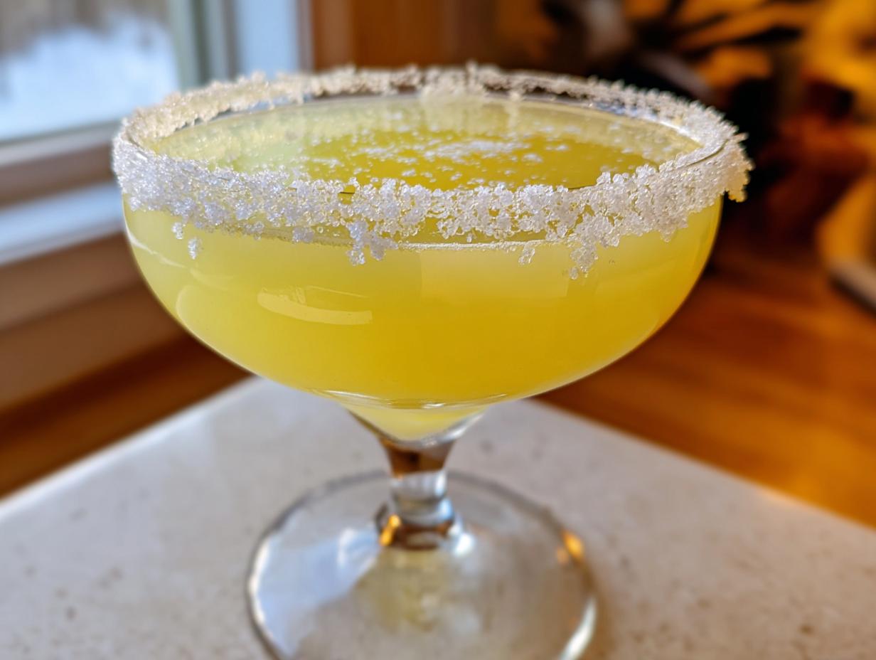 Close-up of a bright yellow lemon drop martini in a coupe glass with a thick, sparkling sugar rim.