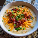 A creamy bowl of loaded baked potato soup topped generously with shredded cheddar, bacon bits, and fresh green onions.