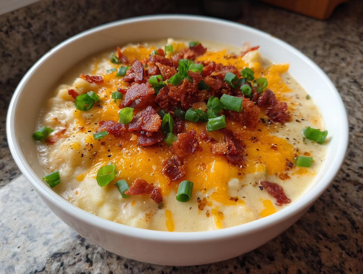 A close-up of a bowl of creamy loaded baked potato soup topped with melted cheddar cheese, bacon bits, and green onions.