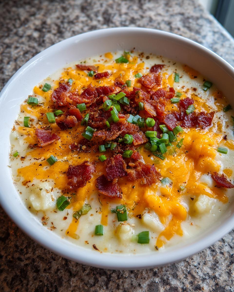 A close-up of a bowl of rich loaded baked potato soup topped with melted cheddar, crispy bacon, and fresh chives.