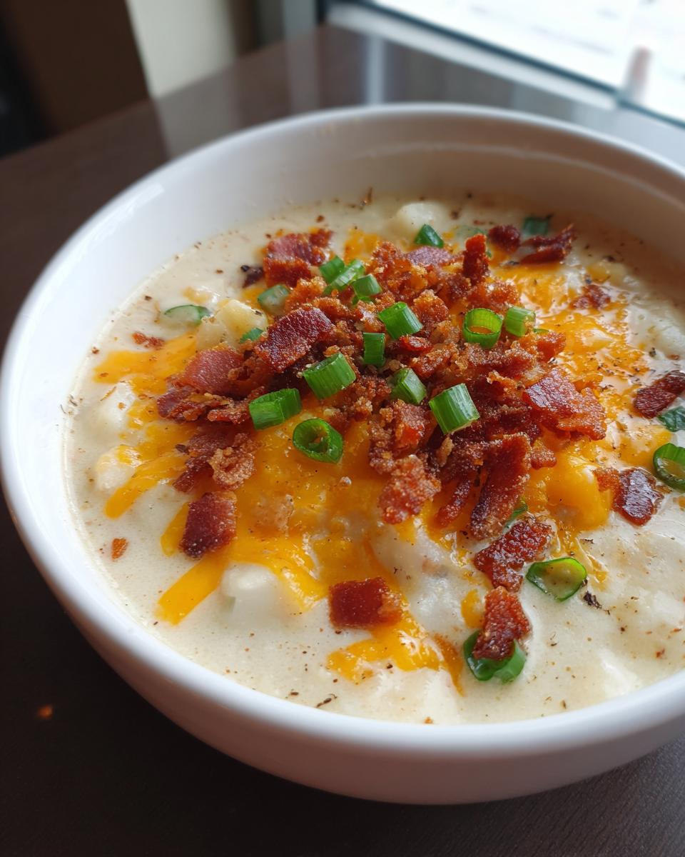 A close-up of a bowl of creamy loaded baked potato soup garnished heavily with shredded cheddar, bacon bits, and green onions.
