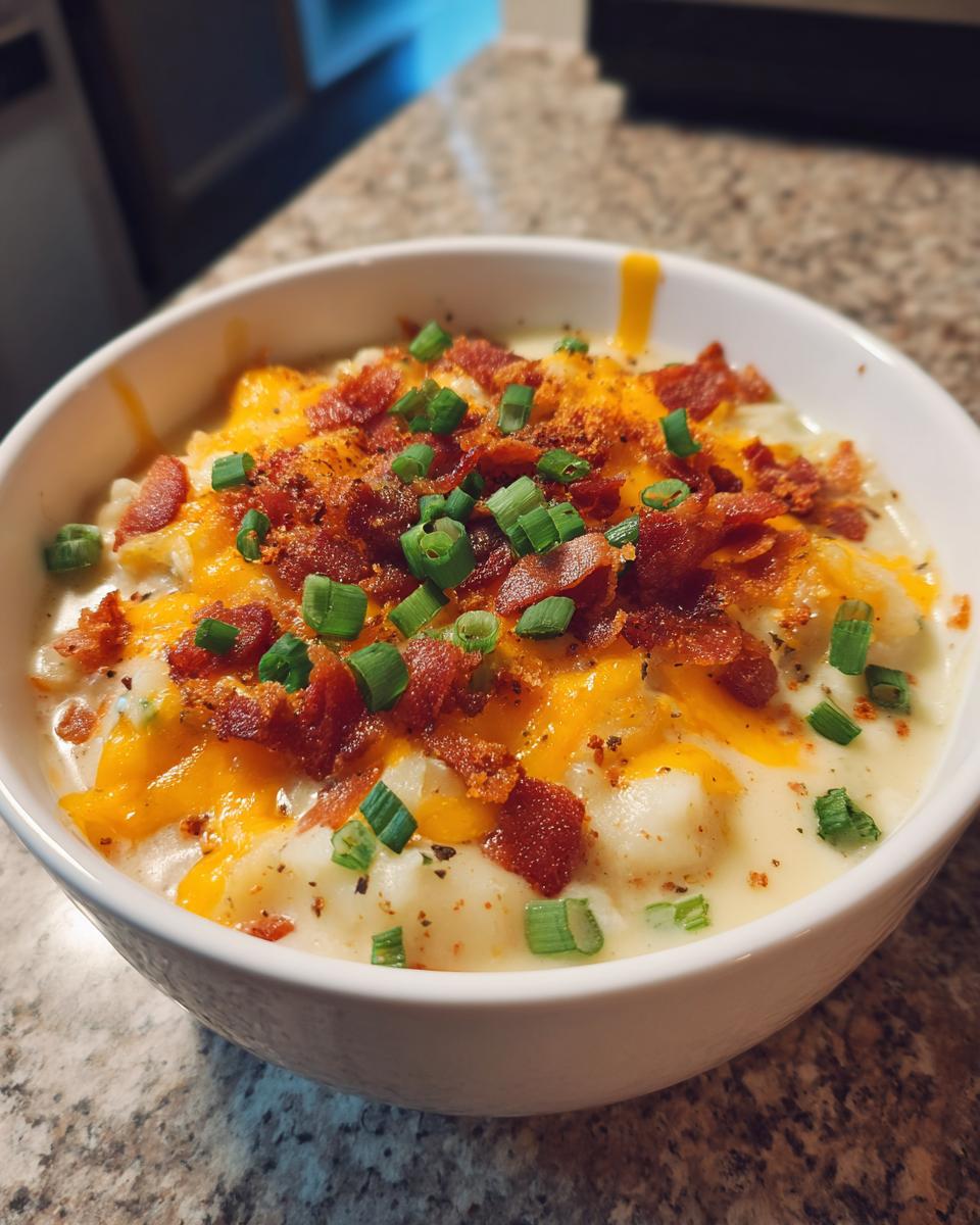 A close-up of a bowl of creamy loaded baked potato soup topped generously with melted cheddar, bacon bits, and fresh green onions.