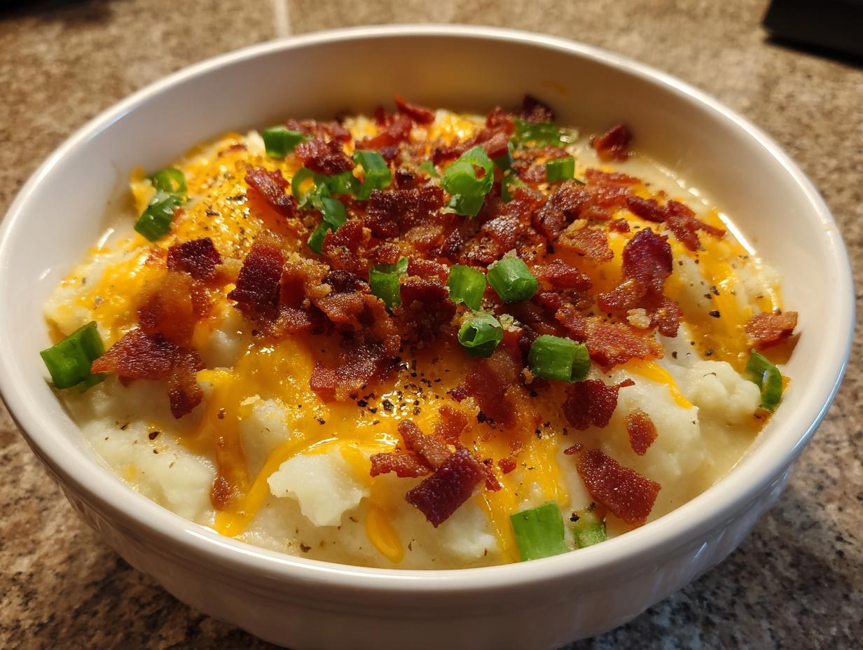 A bowl of creamy potato soup recipe topped generously with melted cheddar cheese, crispy bacon bits, and fresh green onions.