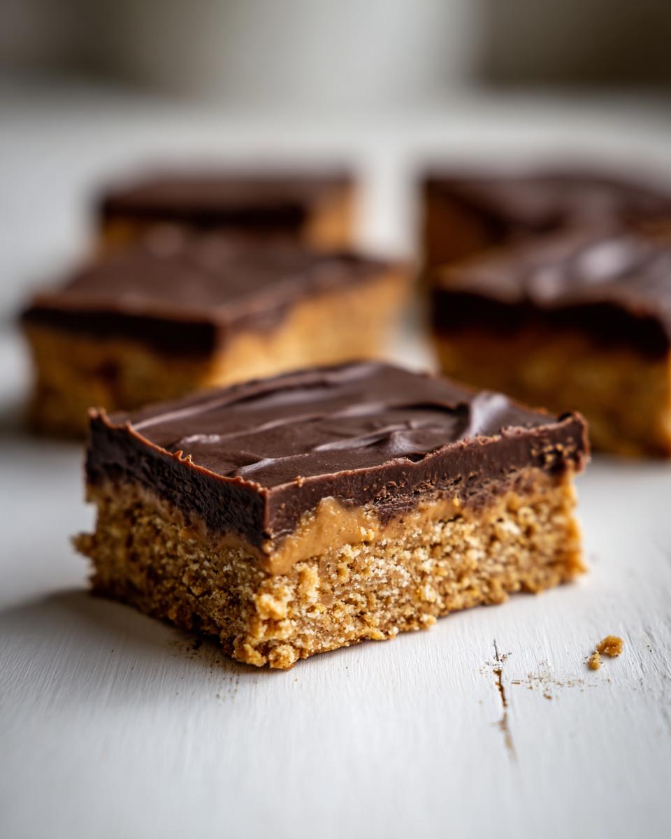 A single, thick square of lunch lady peanut butter bars with a crumbly base, peanut butter layer, and chocolate topping.