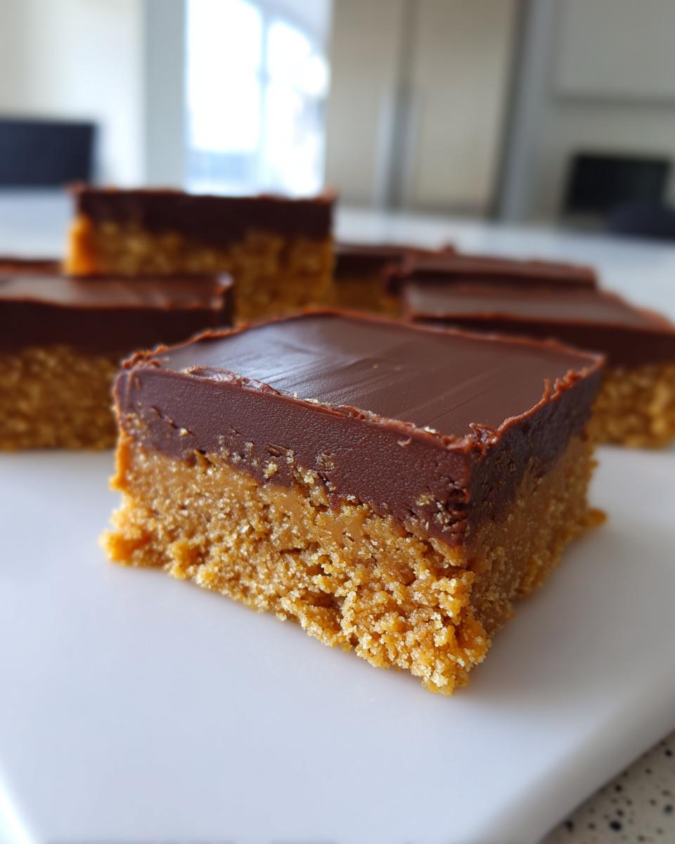A close-up of a single square of lunch lady peanut butter bars showing the thick peanut butter base and chocolate topping.