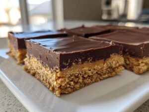 Close-up of thick lunch lady peanut butter bars with a crumbly base, peanut butter layer, and thick chocolate topping.