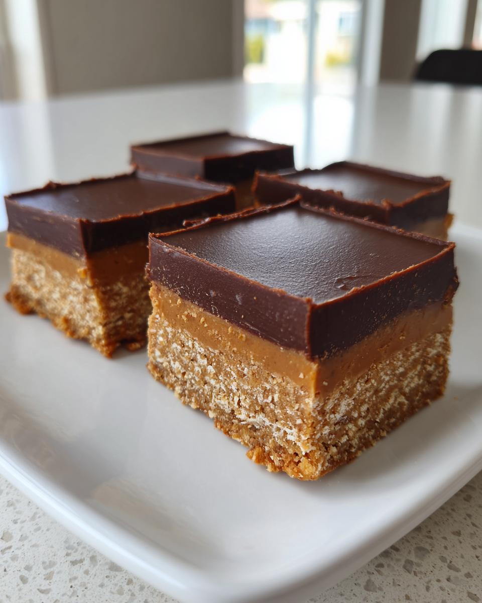Four square slices of lunch lady peanut butter bars with a crust, peanut butter layer, and chocolate topping on a white plate.