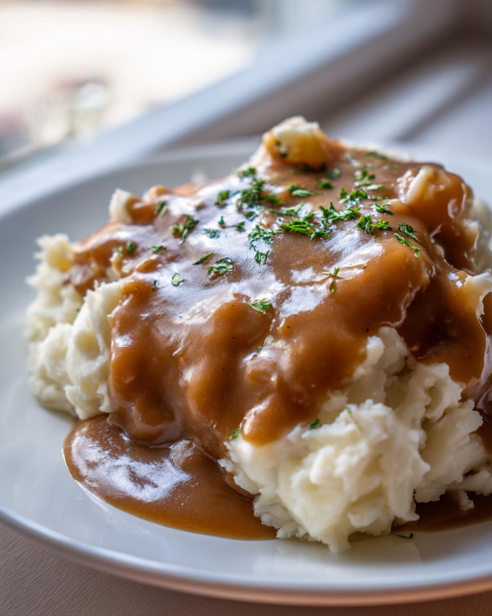 Close-up of fluffy mashed potatoes generously topped with rich, glossy homemade brown gravy and sprinkled with parsley.