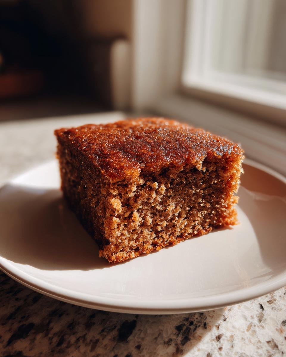 Close-up of a square slice of moist, dark brown applesauce cake sitting on a white plate.