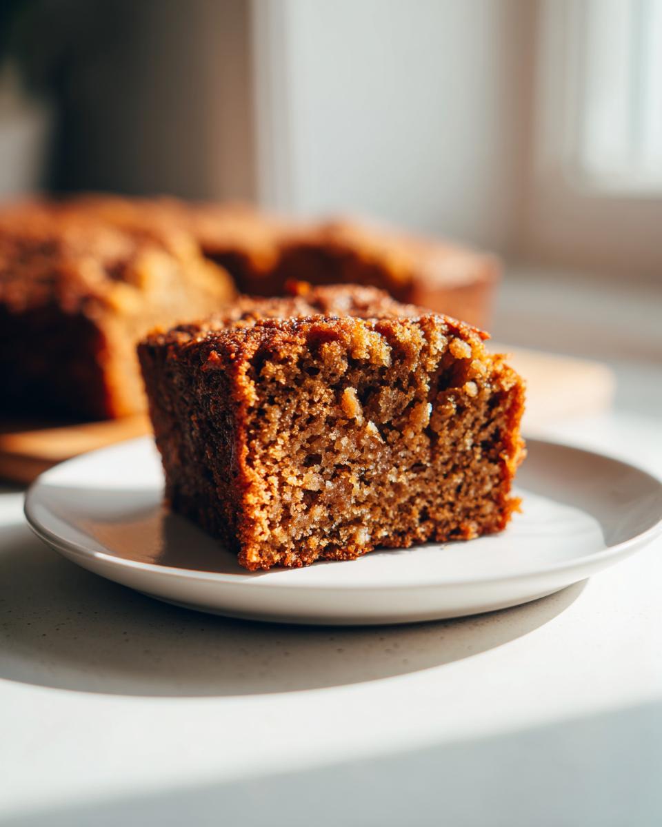 Close-up of a moist, dark brown slice of applesauce cake on a white plate, catching sunlight.
