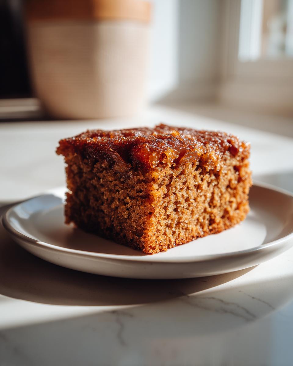A square slice of moist, dark brown applesauce cake with a sticky glaze, resting on a white plate.