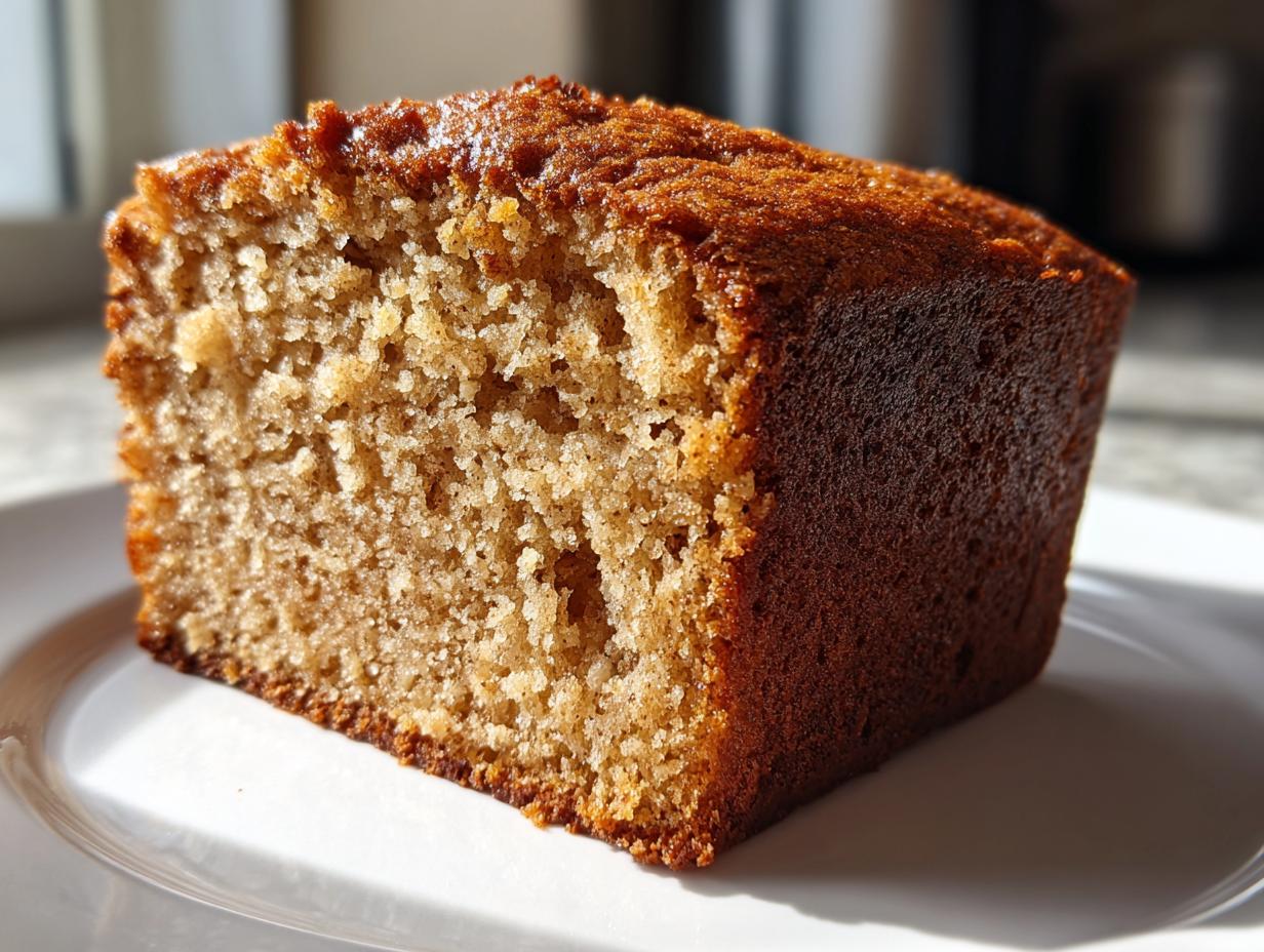 Close-up of a moist slice of applesauce cake showing its tender crumb and dark, caramelized crust.