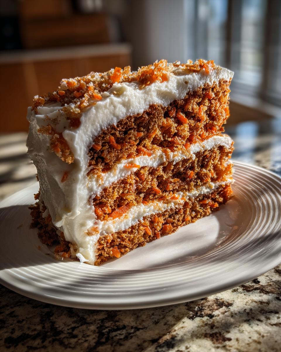 A thick, moist slice of two-layer carrot cake recipe with cream cheese frosting and shredded carrot topping.