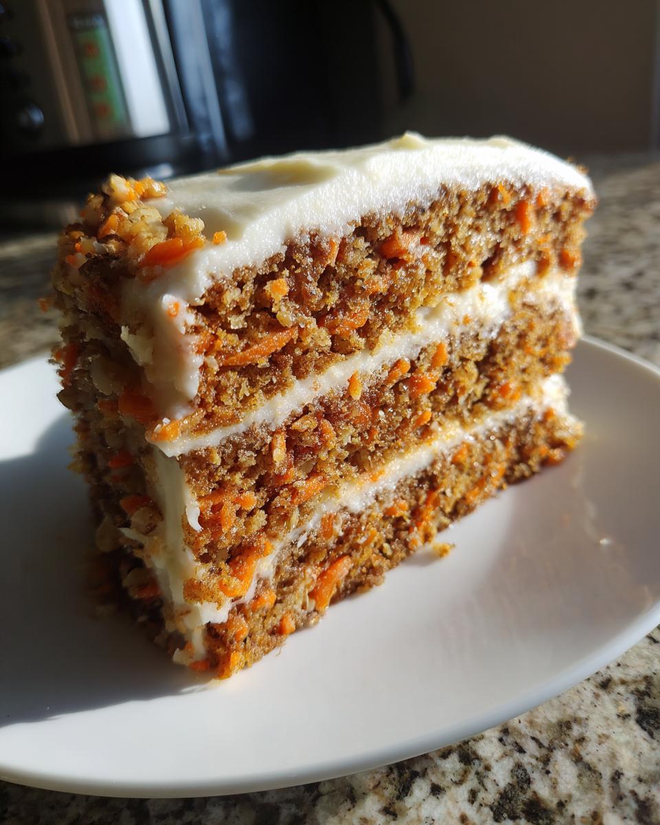 A moist, two-layer slice of carrot cake recipe, generously frosted with cream cheese icing and visible shredded carrots.