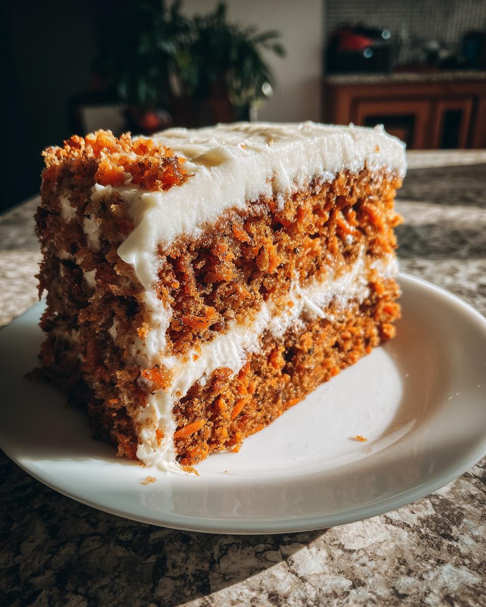 A tall, moist slice of carrot cake recipe with thick cream cheese frosting layers, sitting on a white plate.