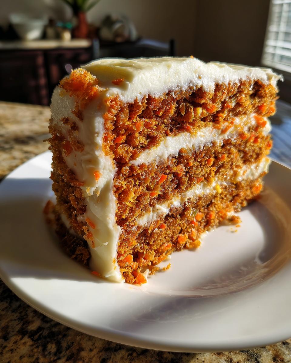 A thick, moist slice of three-layer carrot cake recipe with rich cream cheese frosting, highlighted by sunlight.