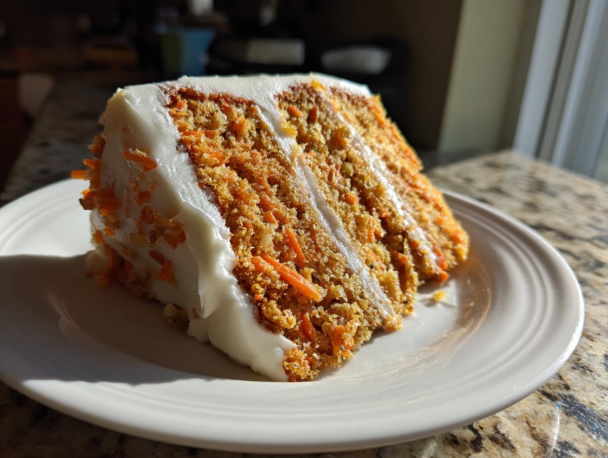 A thick, moist slice of carrot cake recipe, layered with cream cheese frosting and garnished with shredded carrots.