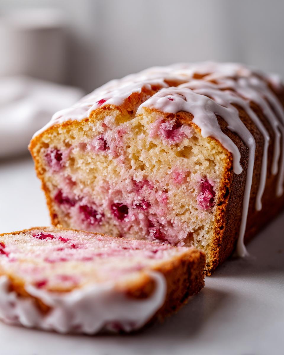 Close-up of a sliced Cherry cake loaf showing pink fruit throughout the moist crumb and drizzled with white icing.