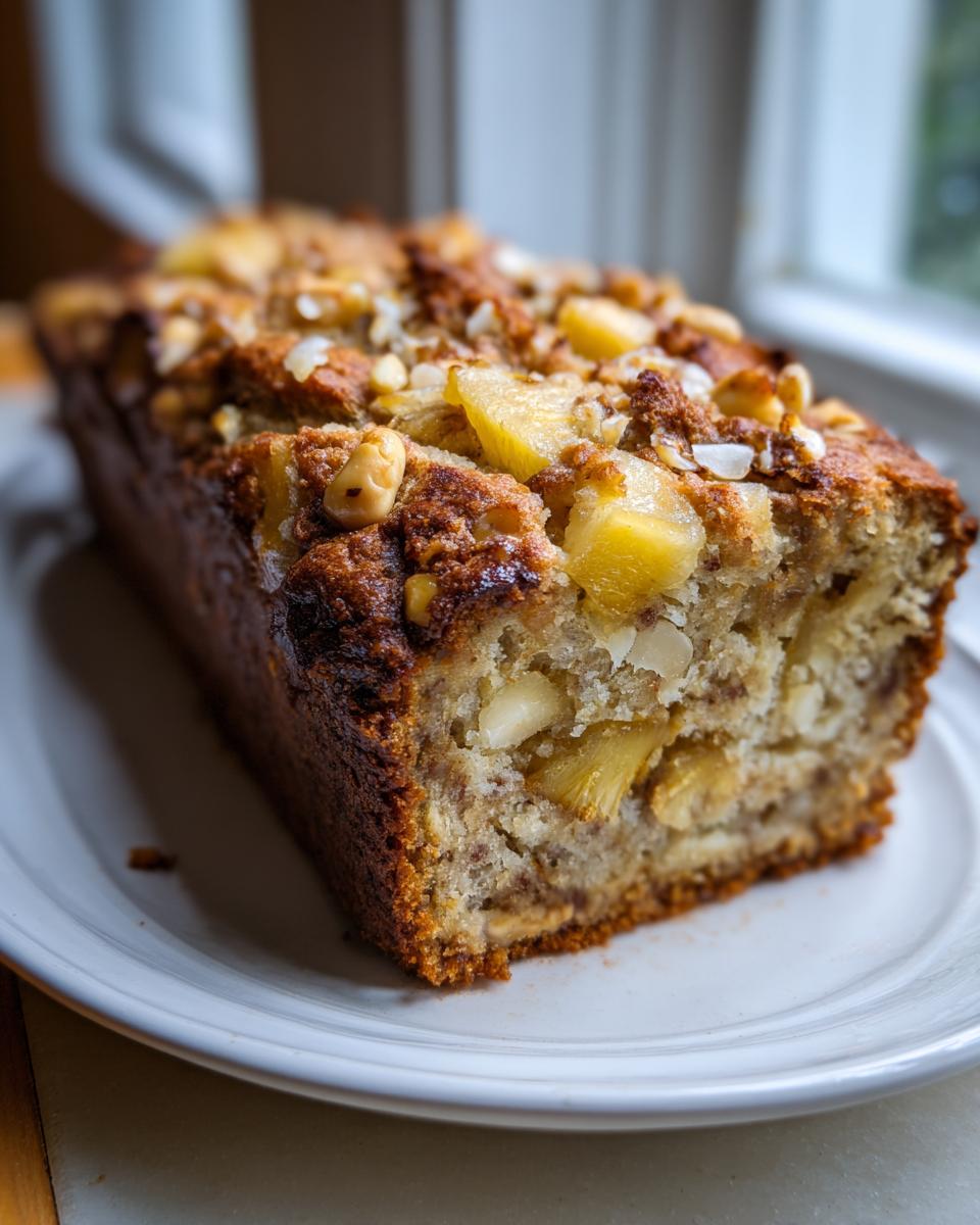 Close-up of a freshly baked loaf of moist hawaiian banana bread topped with pineapple chunks and nuts.