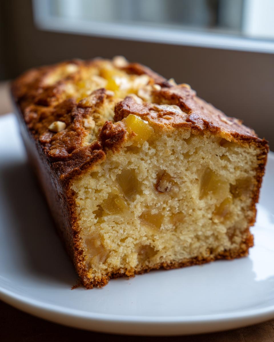 Close-up of a moist slice of homemade hawaiian banana bread showing chunks of pineapple and nuts baked in.
