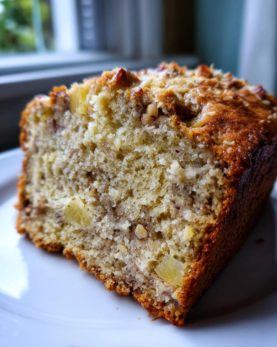 Close-up of a moist slice of hawaiian banana bread showing texture, nuts, and pineapple chunks.