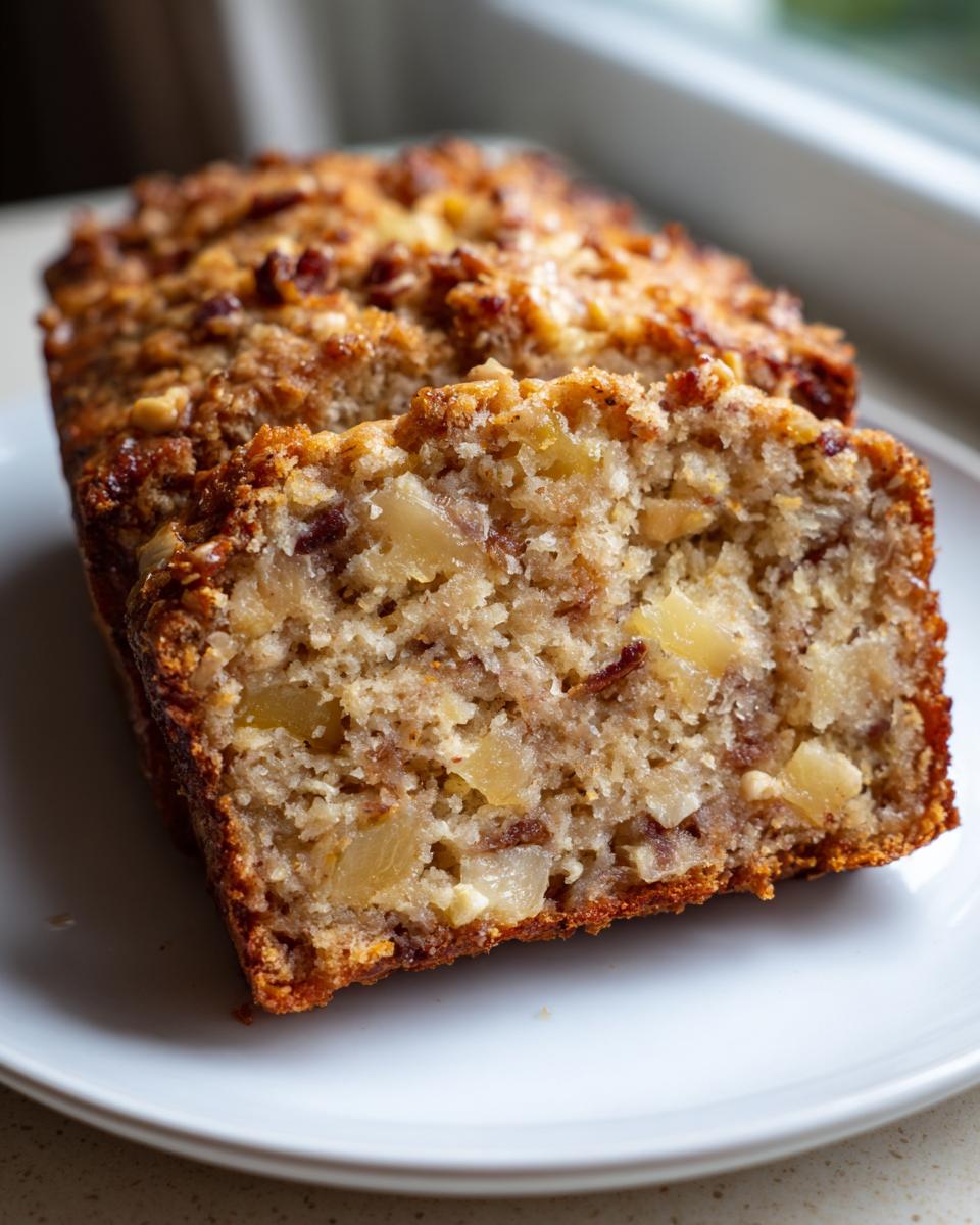 Close-up of a thick slice of moist hawaiian banana bread showing chunks of fruit and a crunchy nut topping.