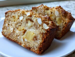 Two moist slices of hawaiian banana bread, studded with visible chunks of pineapple and macadamia nuts, served on a white plate.