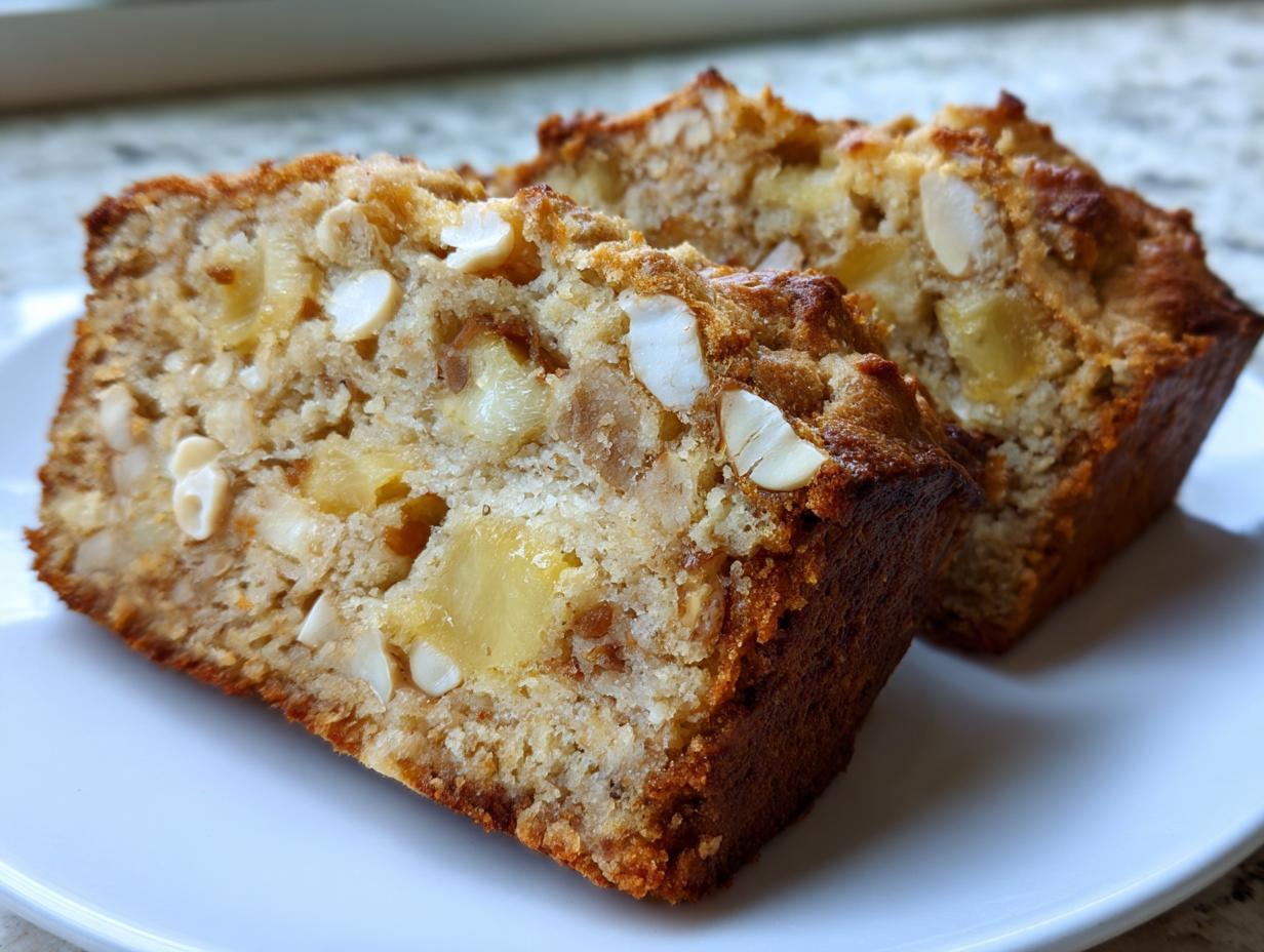 Two moist slices of hawaiian banana bread, studded with visible chunks of pineapple and macadamia nuts, served on a white plate.