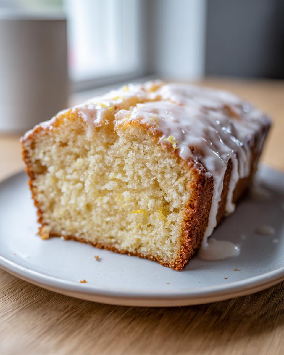 Close-up of a moist slice of lemon loaf cake topped with thick white lemon glaze.