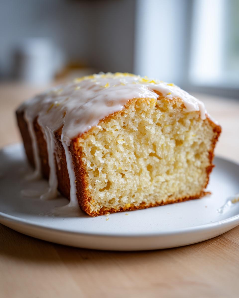 Close-up of a moist slice of lemon loaf cake topped with thick white glaze and lemon zest.