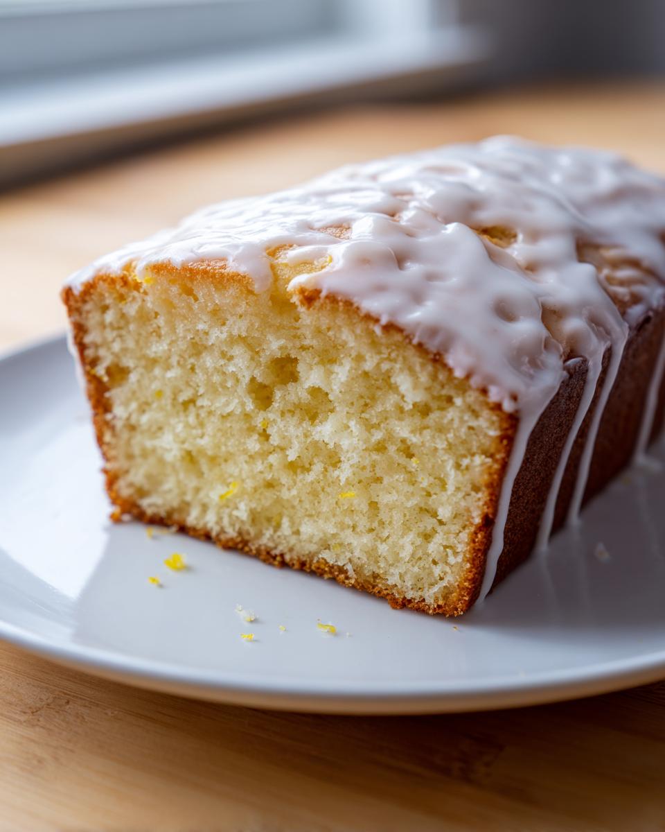 A close-up of a freshly baked lemon loaf drizzled with thick white icing, showing the moist crumb texture.