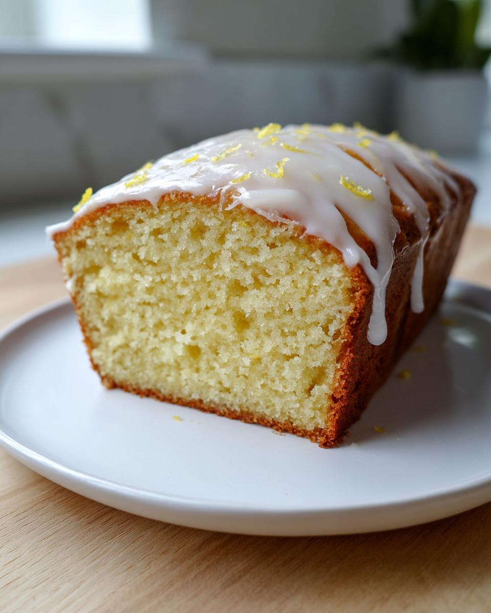 A close-up of a moist lemon loaf cake, sliced to show the crumb, topped with white icing and lemon zest.