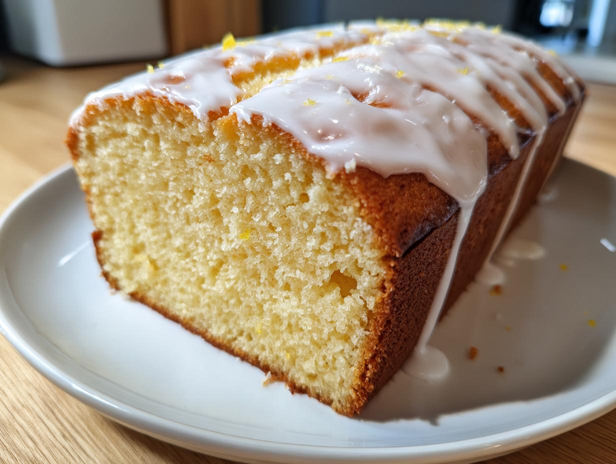 Close-up of a freshly baked lemon loaf cake with thick white glaze dripping down the side and lemon zest sprinkled on top.