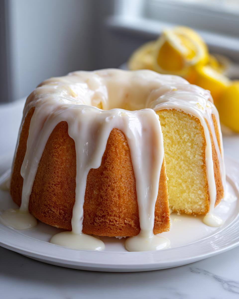 A moist lemon pound cake in a bundt shape, drizzled heavily with white lemon glaze, with one slice cut out.