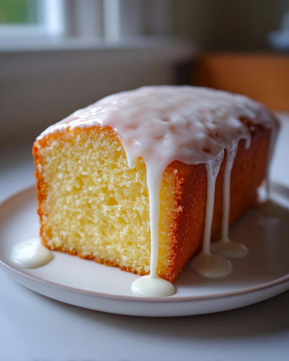 A close-up of a slice of moist lemon pound cake topped with thick white glaze dripping down the sides.