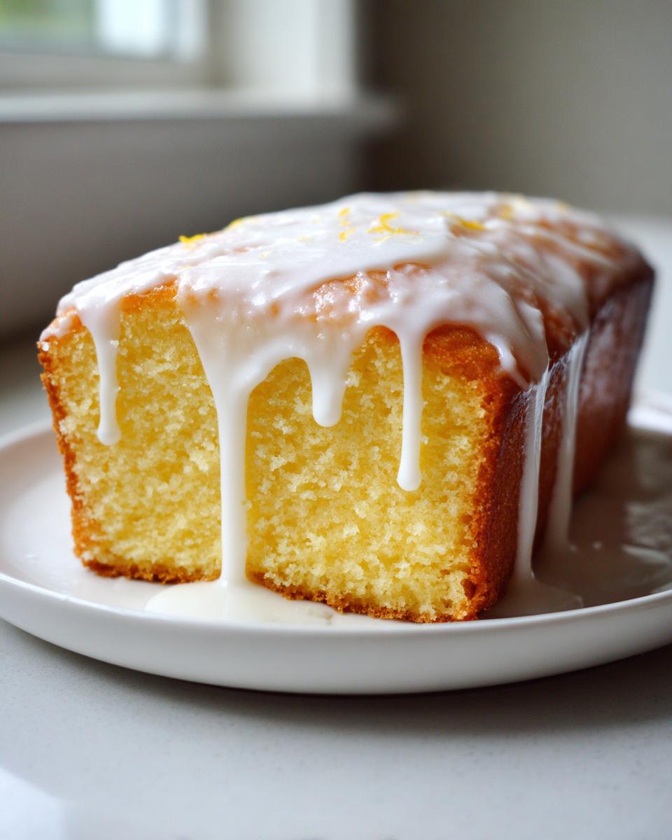 A slice of moist lemon pound cake covered in thick, dripping white lemon glaze and zest.