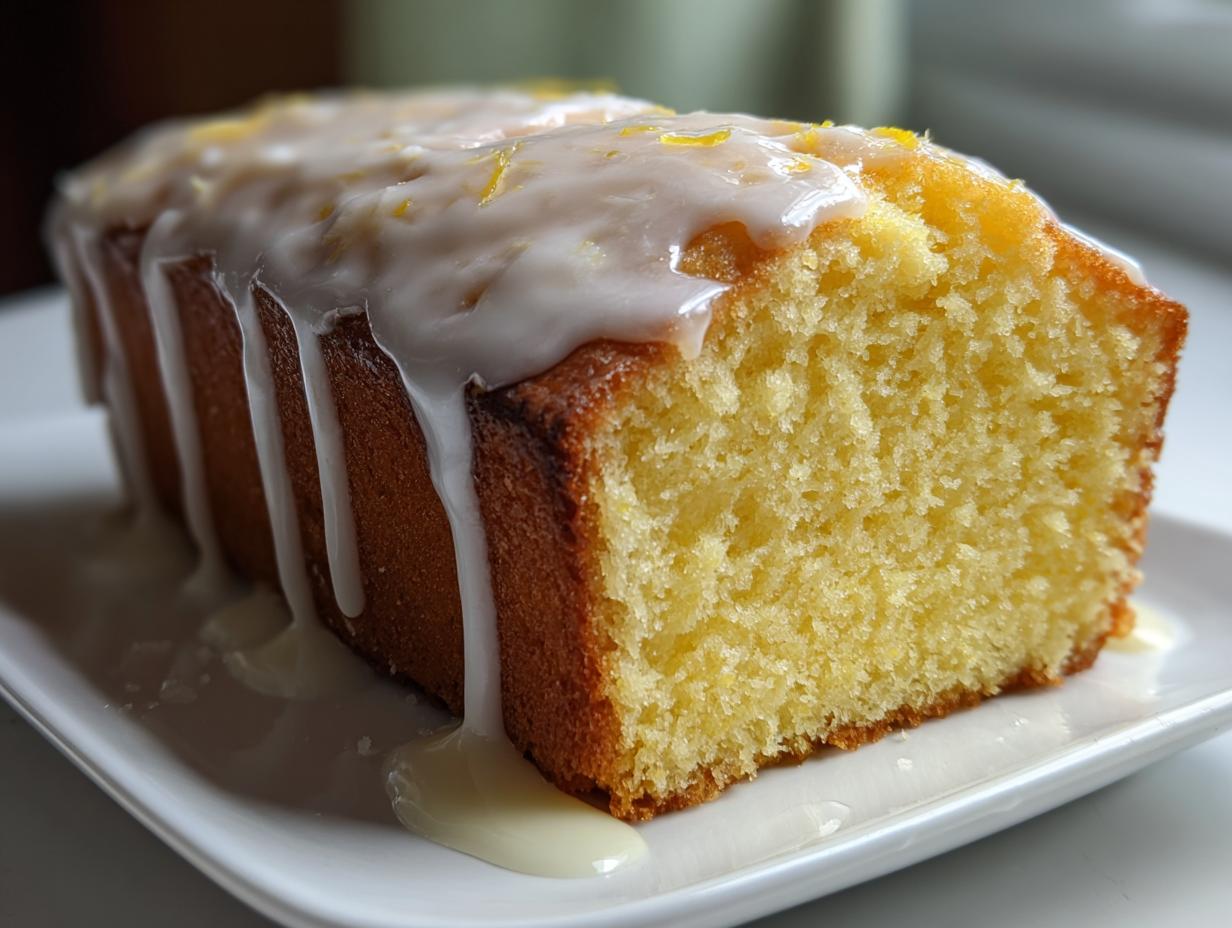 Close-up of a slice of moist lemon pound cake topped with thick, dripping lemon glaze and zest.