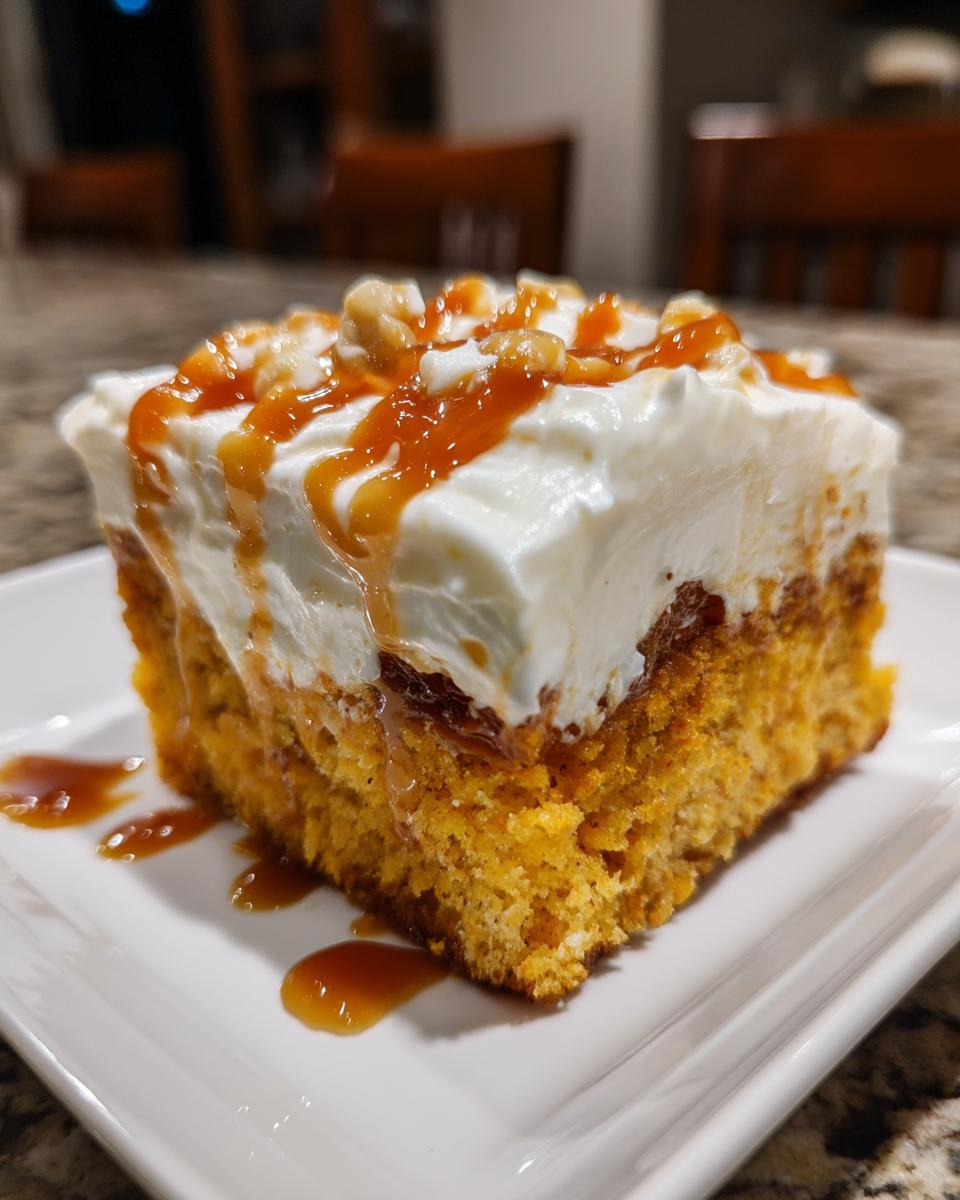 A close-up of a moist slice of pumpkin poke cake topped with whipped cream, caramel sauce, and nuts.