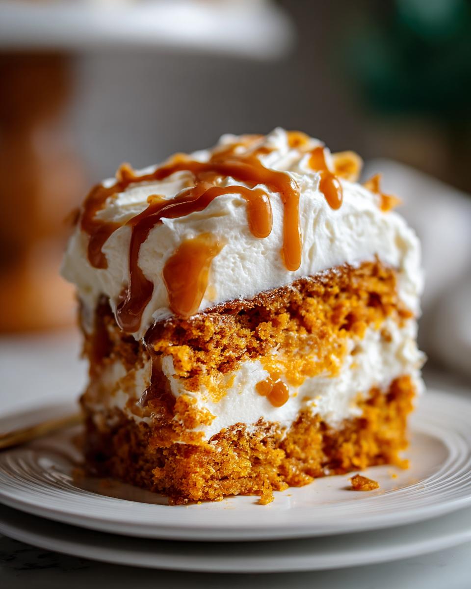 Close-up of a moist slice of pumpkin poke cake layered with white frosting and drizzled with caramel sauce.