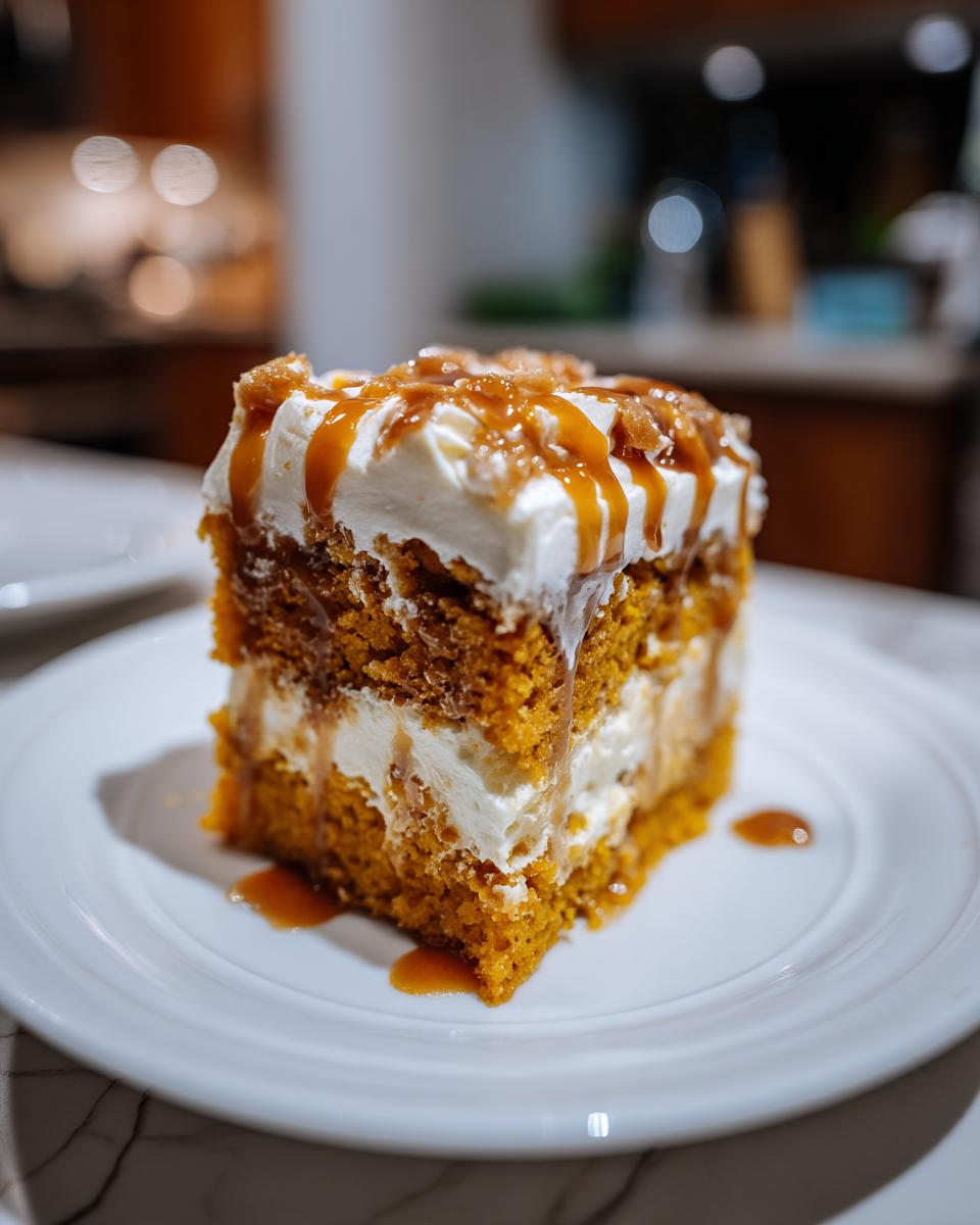 A decadent slice of moist pumpkin poke cake layered with cream cheese frosting and drizzled with caramel sauce.