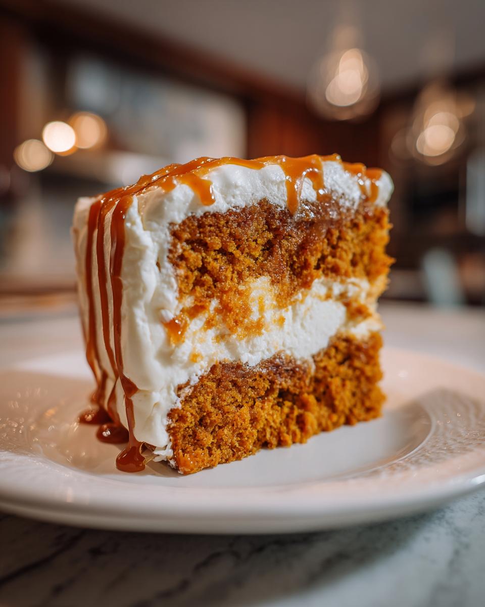 A close-up of a moist slice of pumpkin poke cake layered with cream cheese filling and topped with caramel sauce.