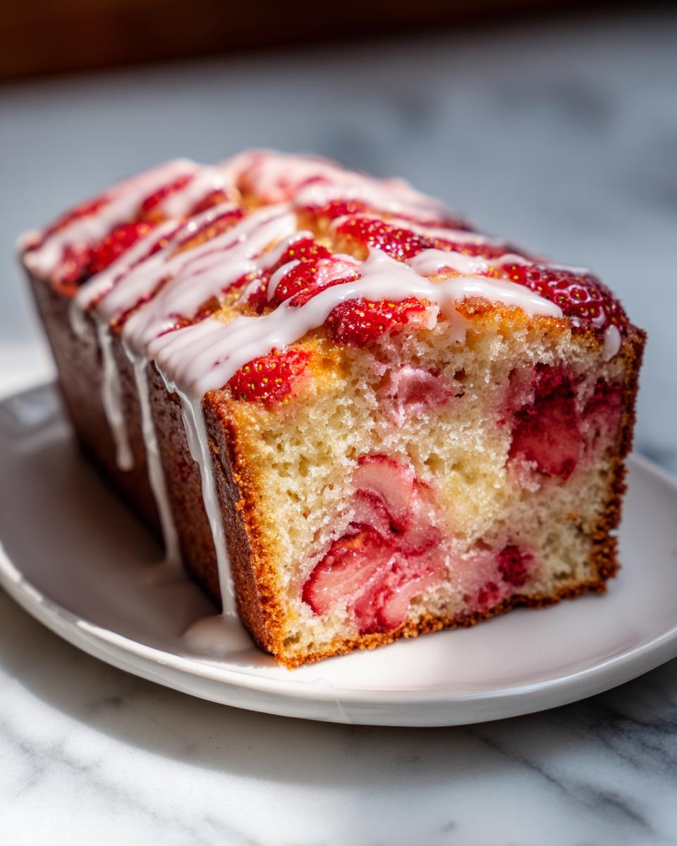 A freshly baked loaf of moist strawberry bread, sliced to show the interior filled with strawberries, topped with a white glaze.
