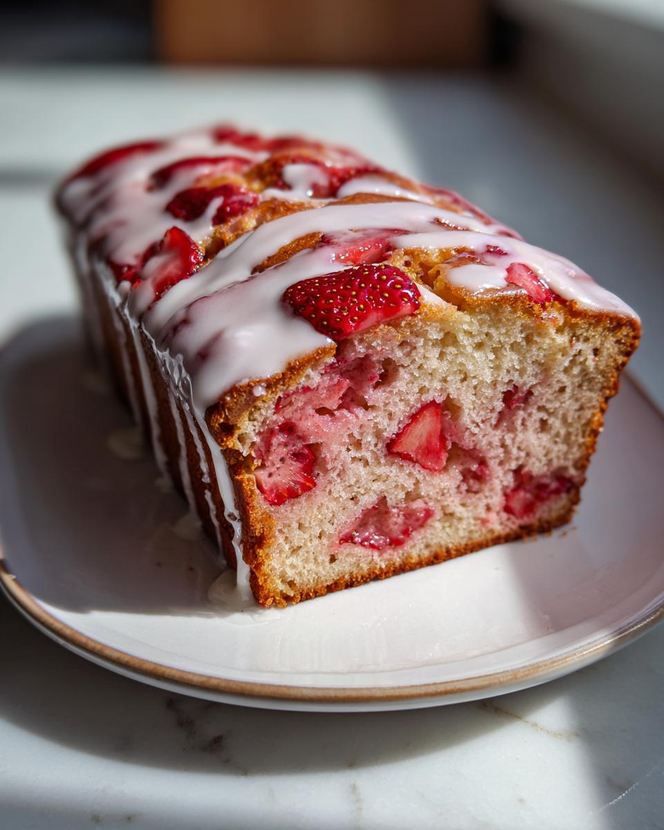 A freshly baked loaf of moist strawberry bread topped with a thick vanilla glaze and sliced strawberries.